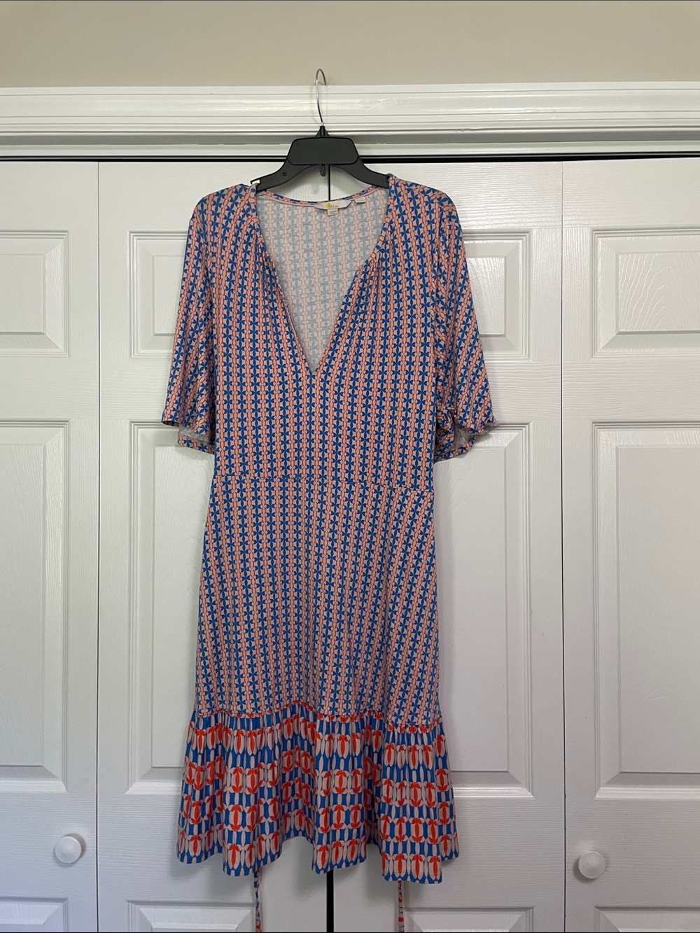 GUC  Boden Notch Neck Tiered Jersey Dress in Mosaic Blue Print US 16/18R Stretch